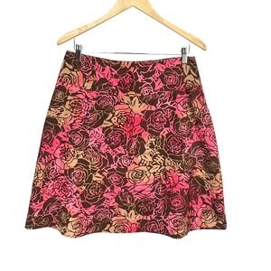 Kim & Cami Floral A-Line Skirt Roses‎ Cotton Brown Pink Red Zip Back Size Large
